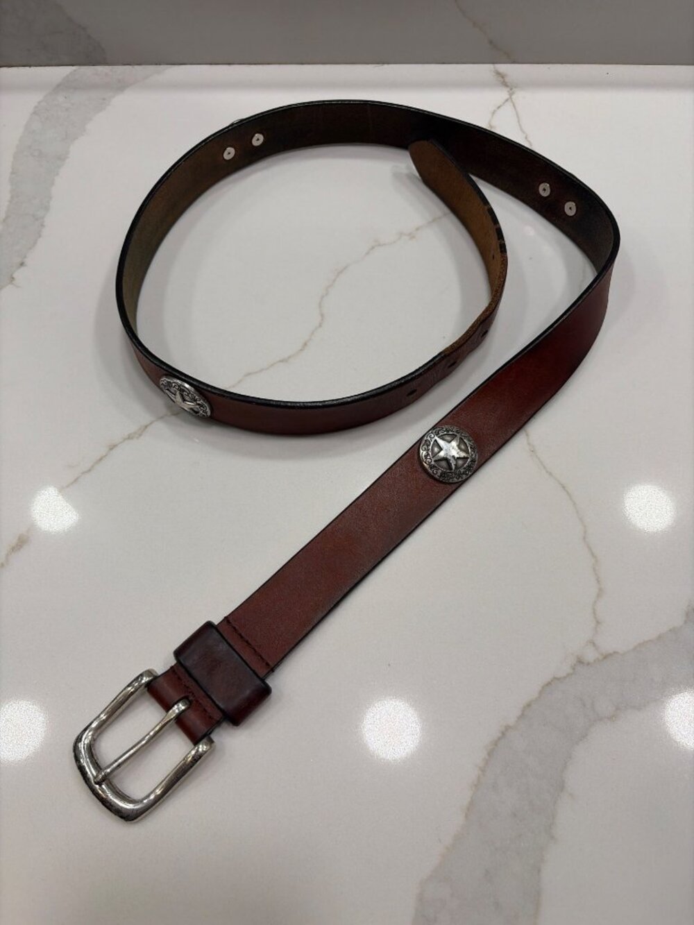 Vintage Western Belt Silver Star Concho and Silver Buckle Size 36 Leather